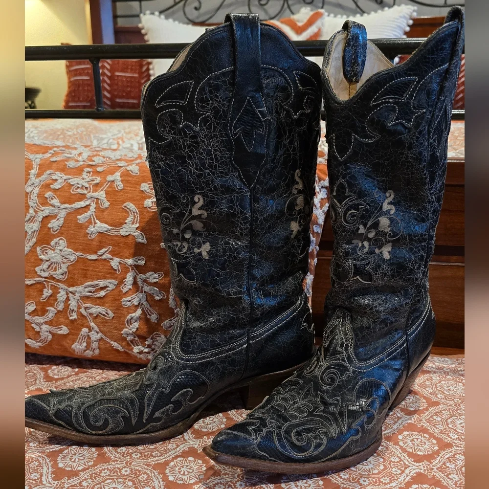 Corral Vintage **PRICE DROP! **C2108 Black Lizard Inlay Snip Toe Boot Size 9.5 - Picture 1 of 9